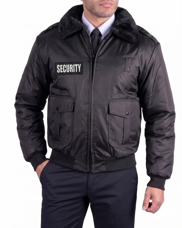 Chaqueta tipo bomber de seguridad negra Watch-Guard con identificación reflectante