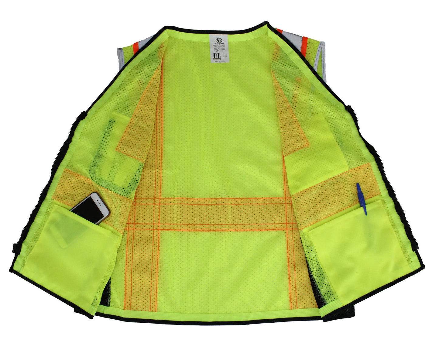 Stars Uniform Lime Green Reflective Safety Vest with Pockets - Detail View 1