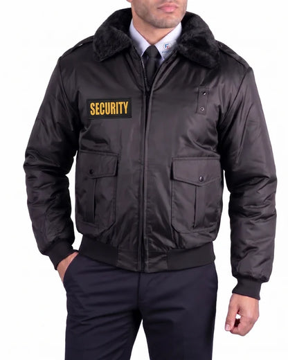 Chaqueta tipo bomber de seguridad negra Watch-Guard con identificación reflectante