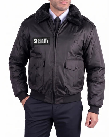 Chaqueta tipo bomber de seguridad negra Watch-Guard con identificación reflectante