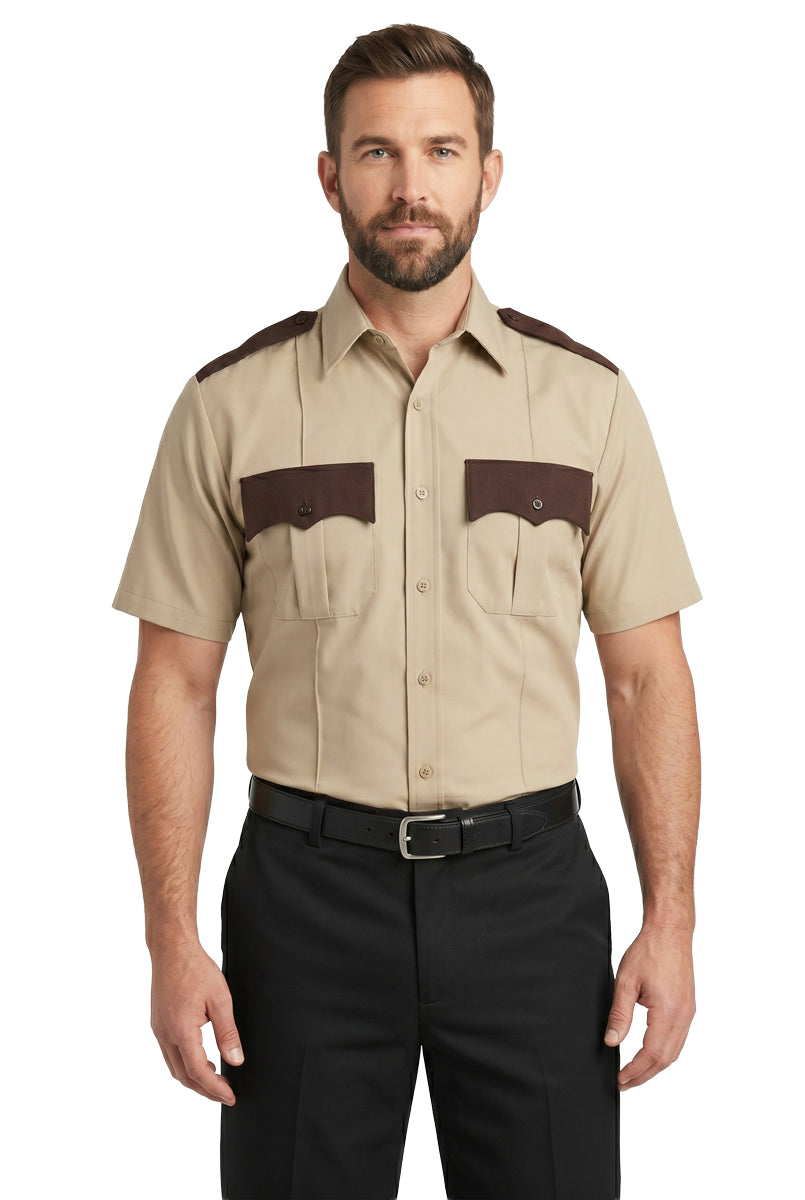 100% Polyester Two Tone Short Sleeve Uniform Shirt - Tan and Brown
