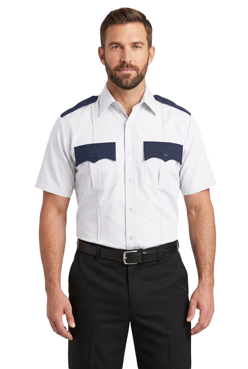 100% Polyester Two Tone Short Sleeve Uniform Shirt - White and Navy Blue