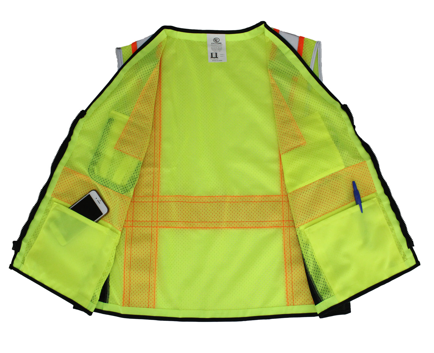 Stars Uniform Lime Green Reflective Safety Vest with Pockets - Detail View 1