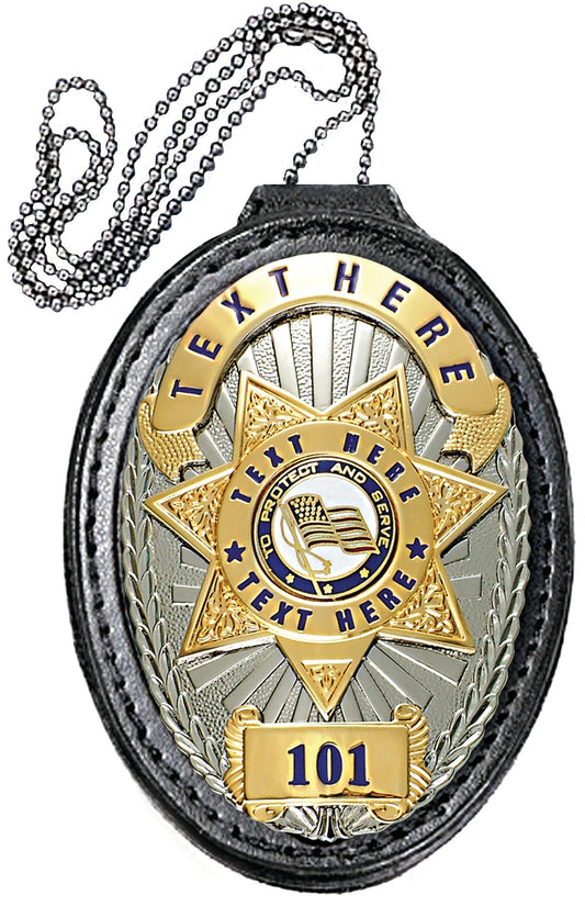 Stars Uniform Oval Leather Badge Holder with Chain and Clip - Primary View