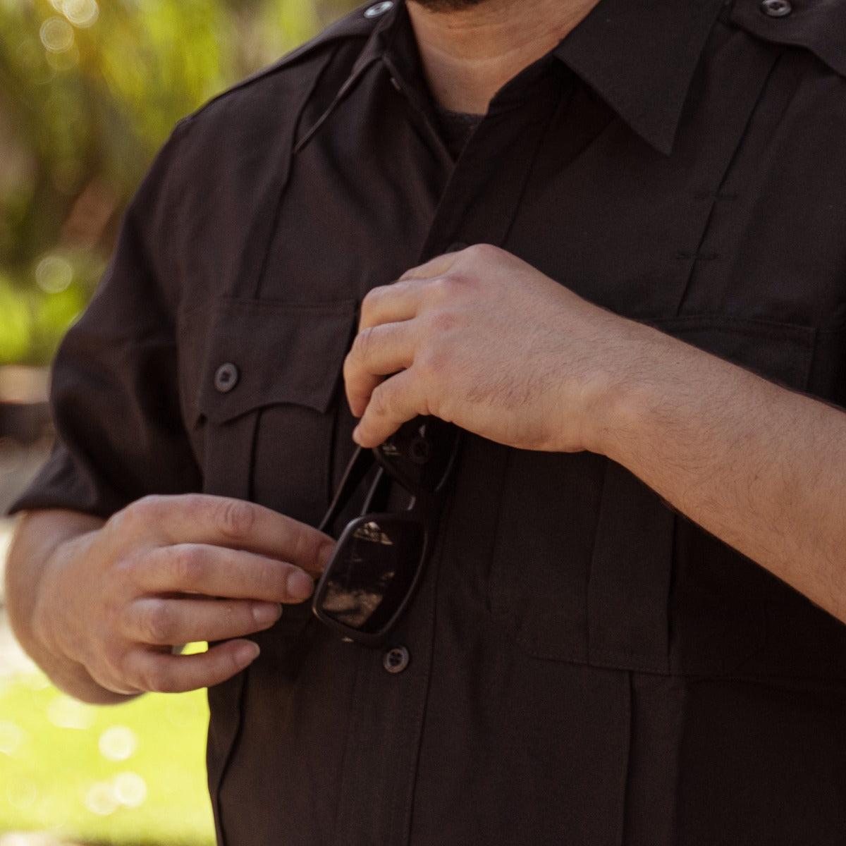 100% Polyester 4 Pocket Hidden Zipper Uniform Shirt - Short Sleeve - Sunglass holder detail