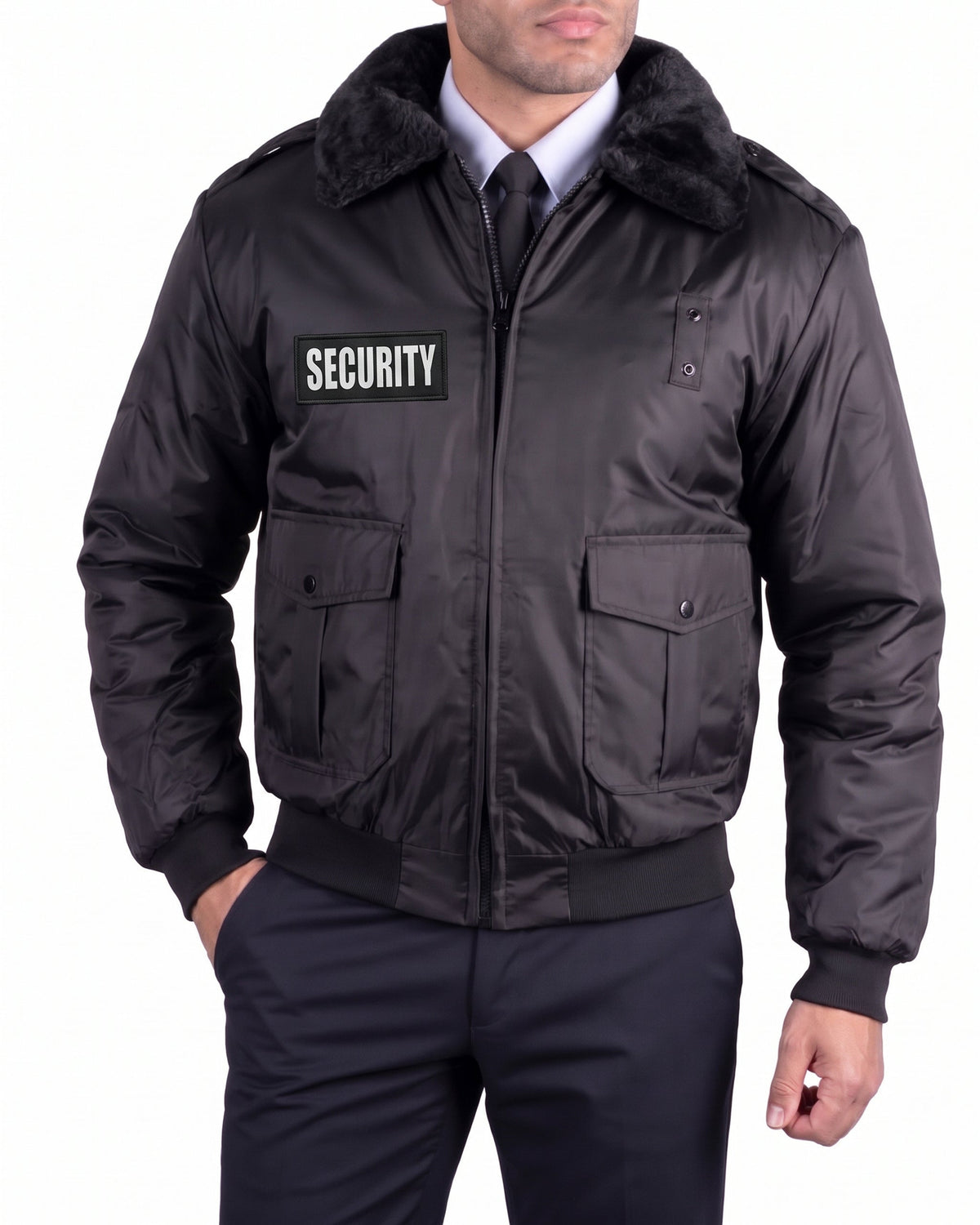 Watch-Guard Black Security Bomber Jacket with Reflective ID - White